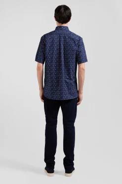 Chemise manches courtes en coton marine microimprimé fleurs coupe Regular