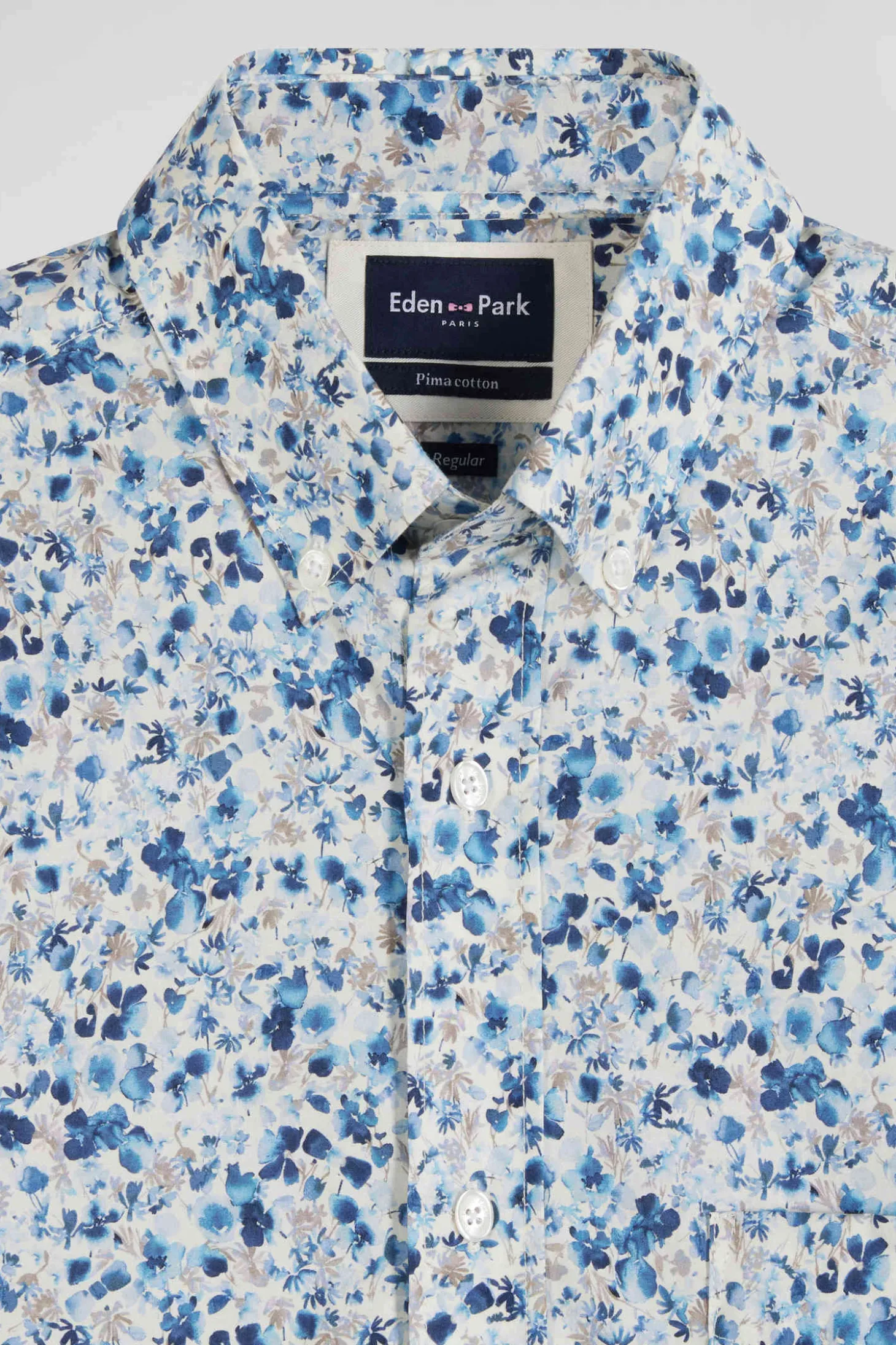 Chemise manches courtes en coton écru microimprimé fleurs coupe Regular