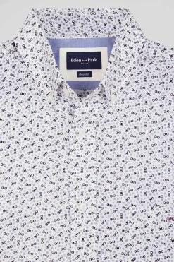 Chemise manches courtes en coton écru microimprimé coupe Regular