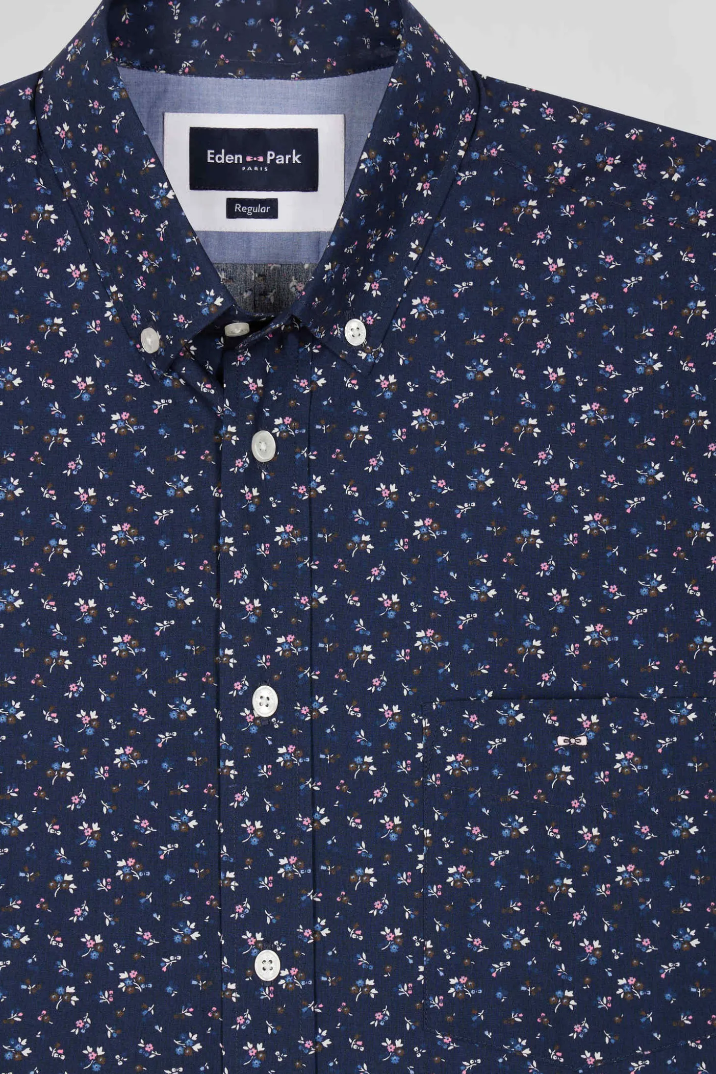 Chemise manches courtes en coton marine microimprimé fleurs coupe Regular