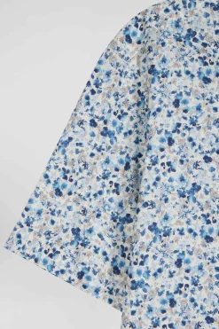 Chemise manches courtes en coton écru microimprimé fleurs coupe Regular