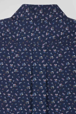Chemise manches courtes en coton marine microimprimé fleurs coupe Regular