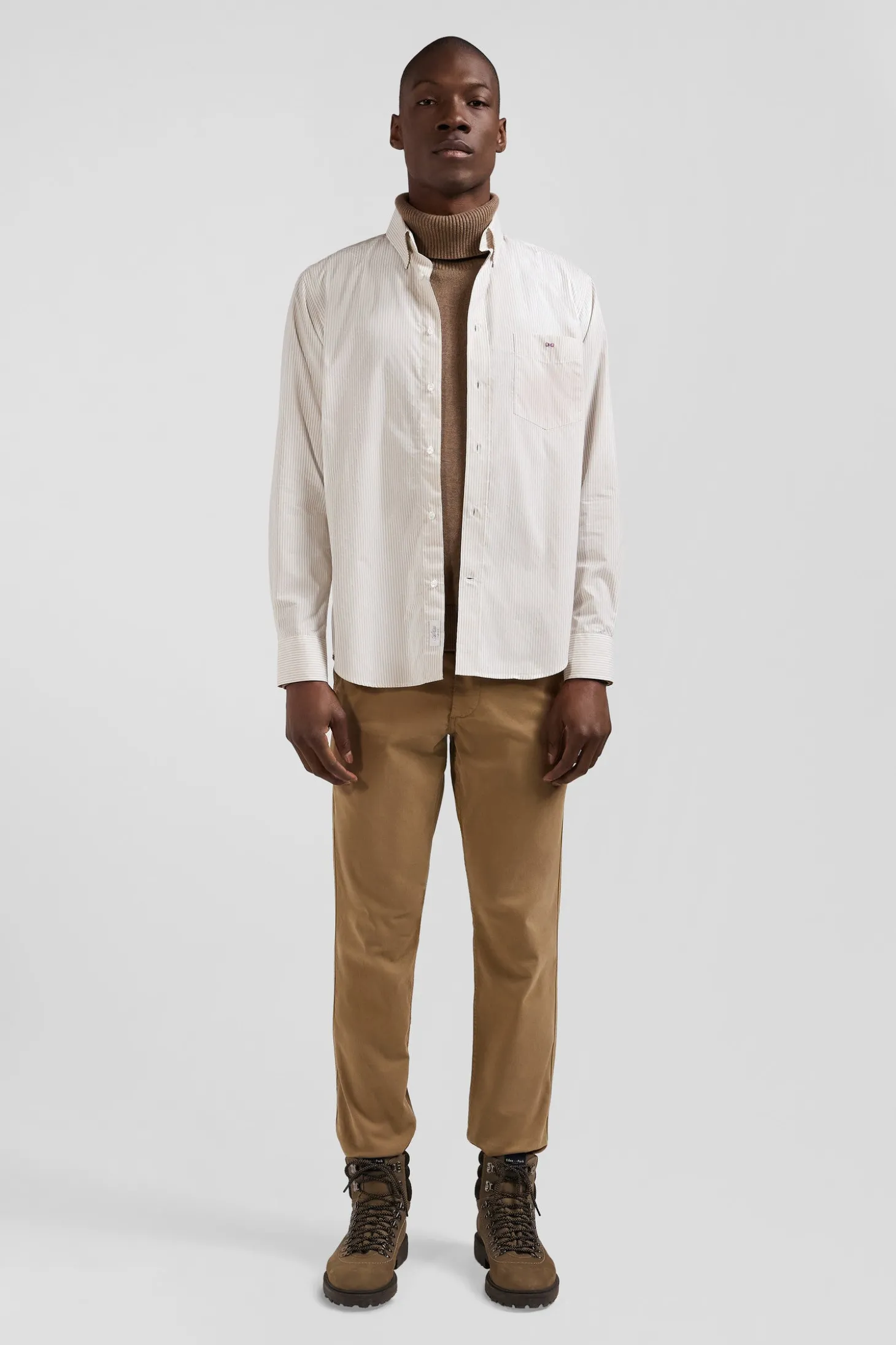 Chemise rayée en coton beige coupe Regular jacquard