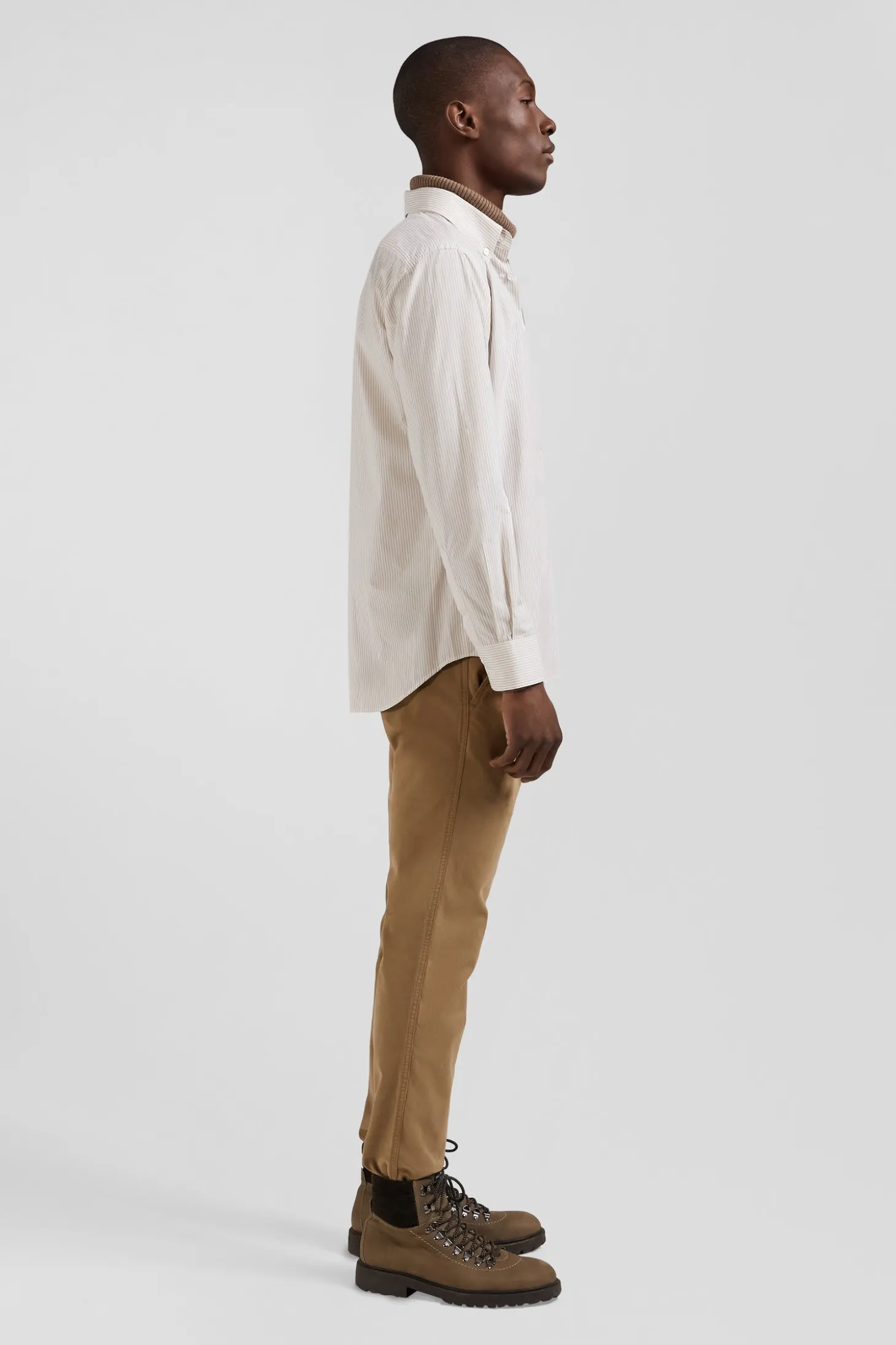 Chemise rayée en coton beige coupe Regular jacquard