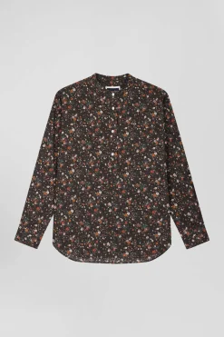 Chemise sans col en popeline de coton noir microimprimé floral coupe Regular