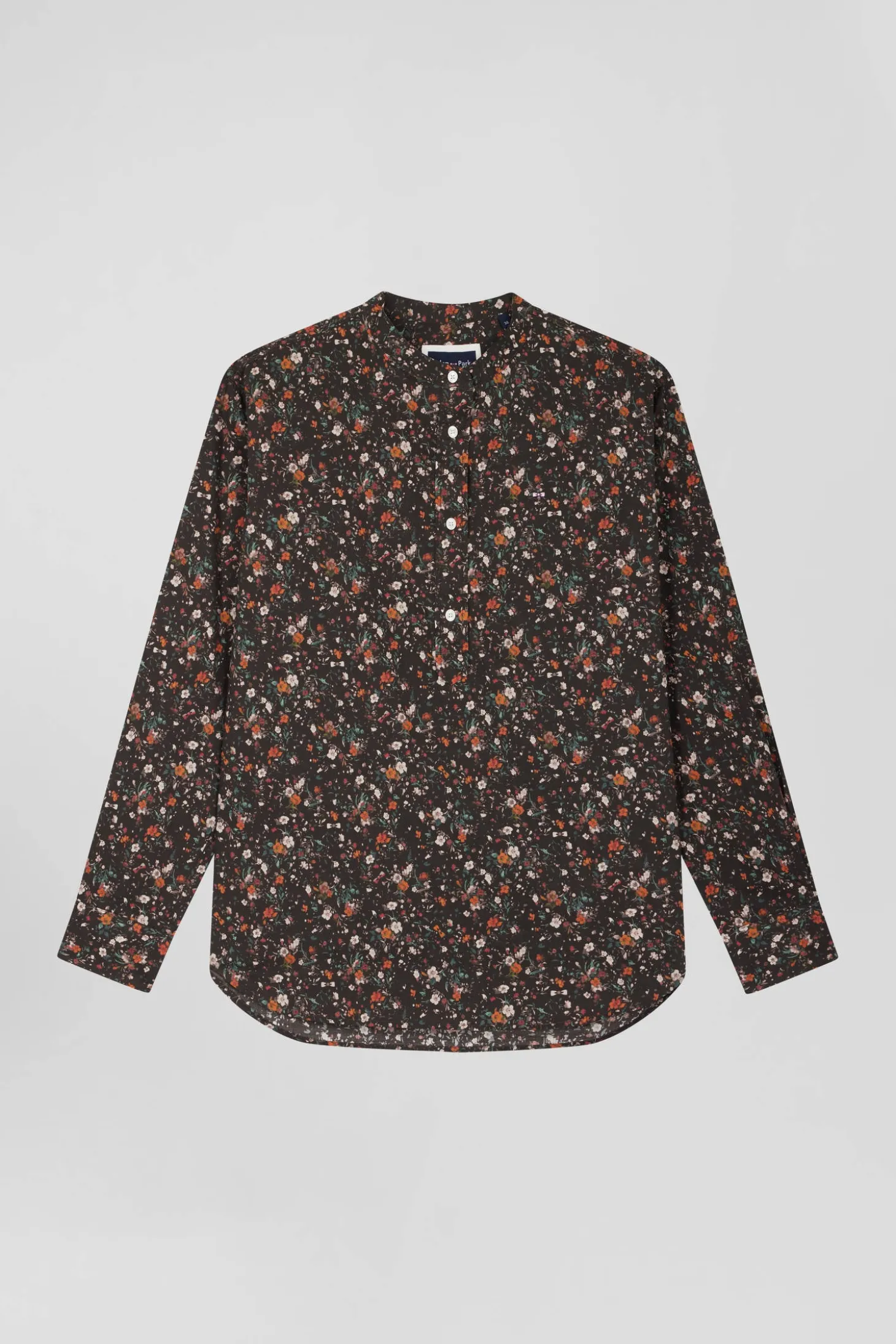 Chemise sans col en popeline de coton noir microimprimé floral coupe Regular