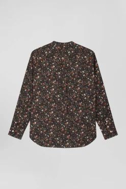 Chemise sans col en popeline de coton noir microimprimé floral coupe Regular