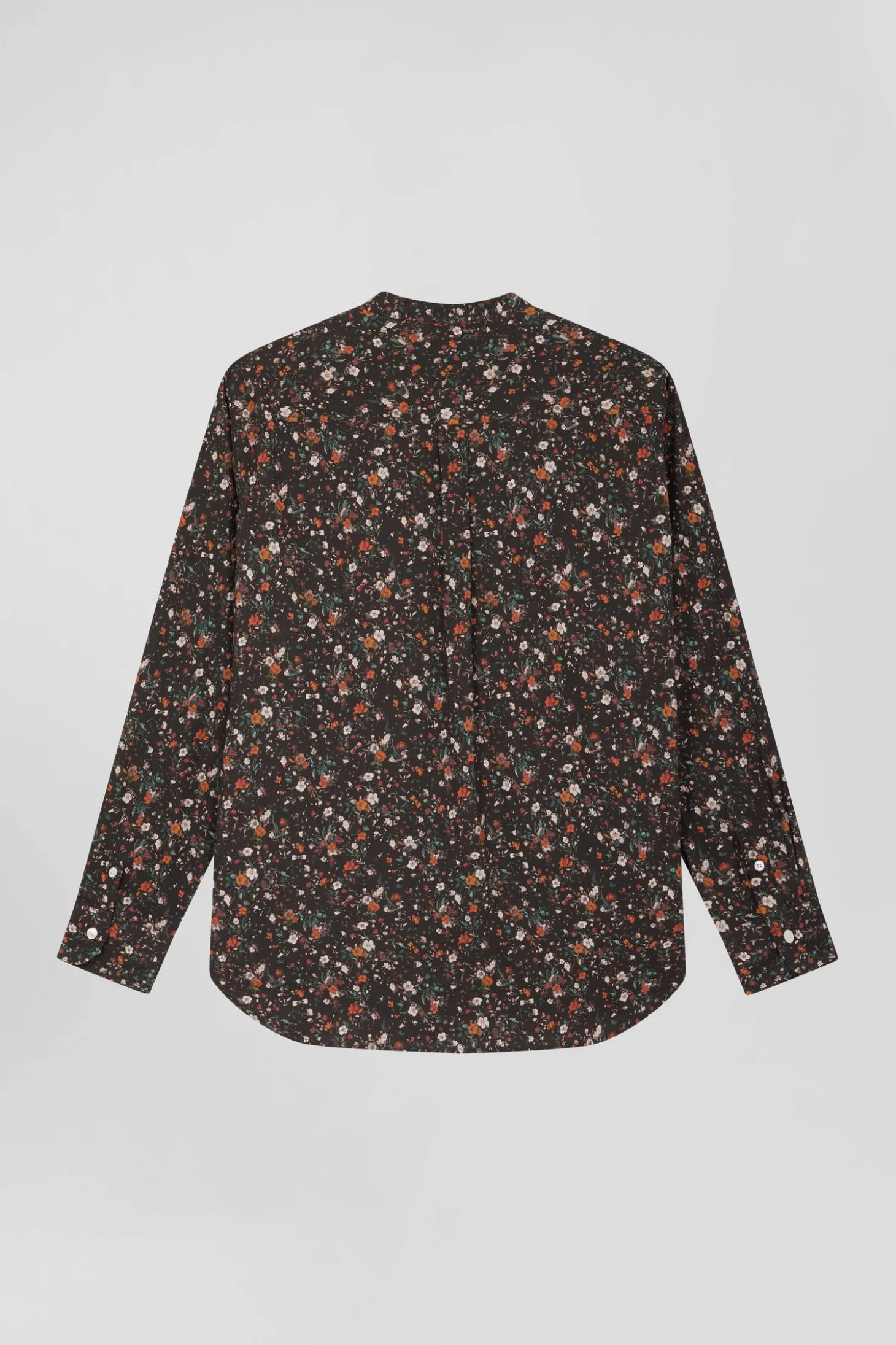 Chemise sans col en popeline de coton noir microimprimé floral coupe Regular