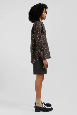 Chemise sans col en popeline de coton noir microimprimé floral coupe Regular