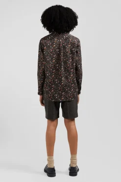 Chemise sans col en popeline de coton noir microimprimé floral coupe Regular