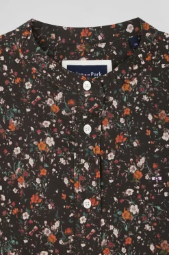 Chemise sans col en popeline de coton noir microimprimé floral coupe Regular