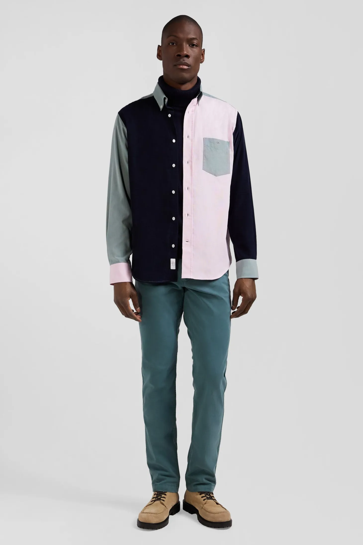 Chemise tricolore en coton vert coupe Regular