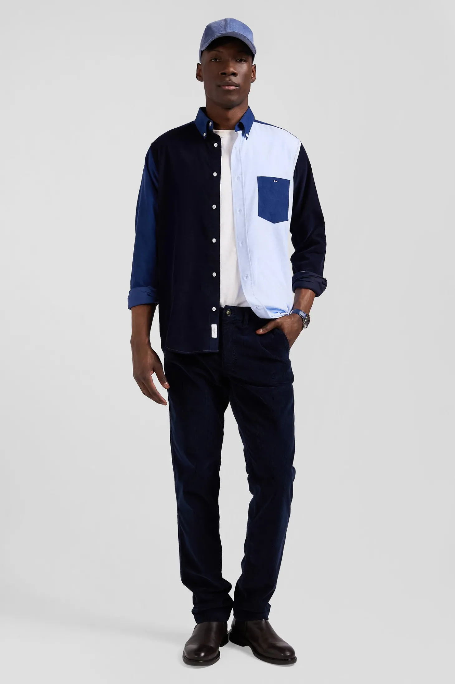 Chemise tricolore en coton bleu marine coupe Regular