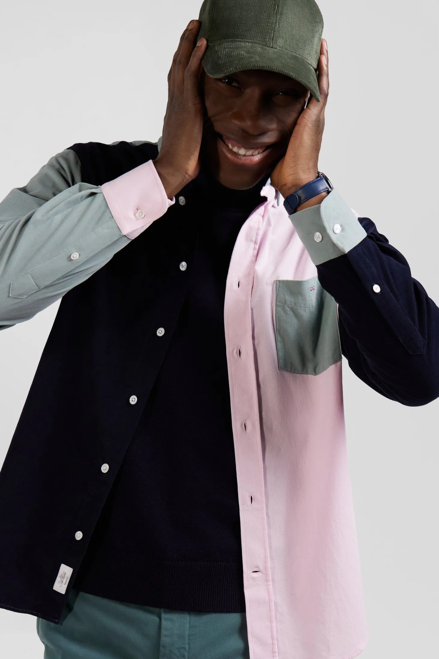 Chemise tricolore en coton vert coupe Regular