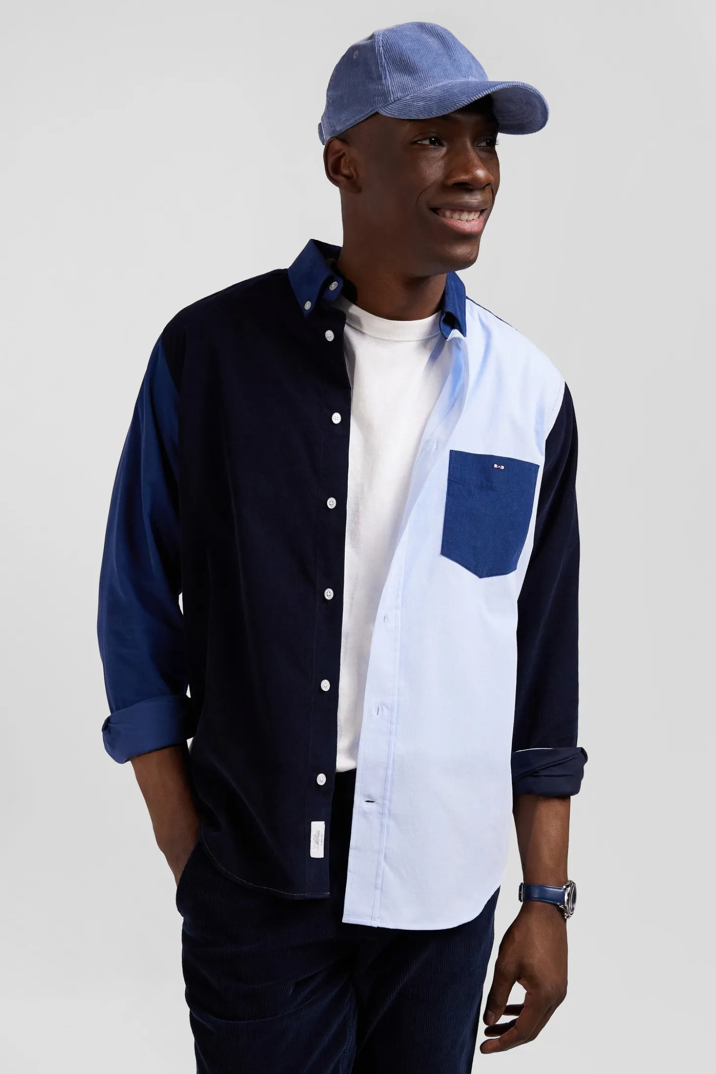 Chemise tricolore en coton bleu marine coupe Regular