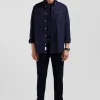 Chemise unie bleu marine en coton stretch mélangé coupe Regular