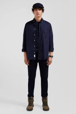 Chemise unie bleu marine en coton stretch mélangé coupe Regular