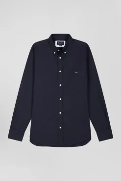 Chemise unie bleu marine en coton stretch mélangé coupe Regular
