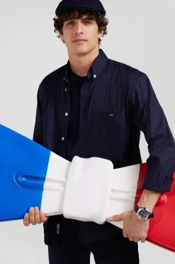Chemise unie bleu marine en coton stretch mélangé coupe Regular