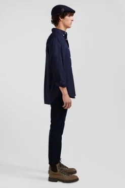 Chemise unie bleu marine en coton stretch mélangé coupe Regular