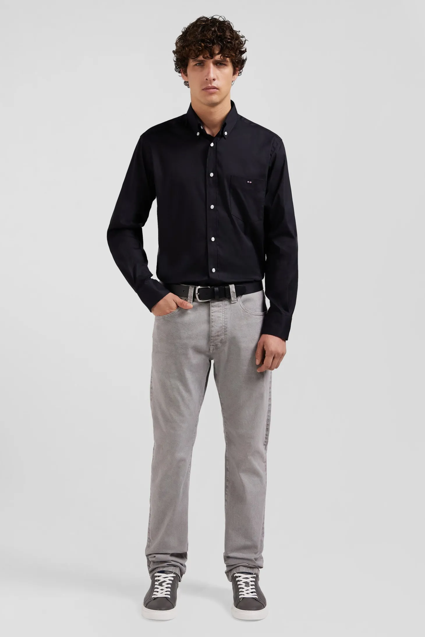 Chemise unie noire en coton stretch mélangé coupe Regular