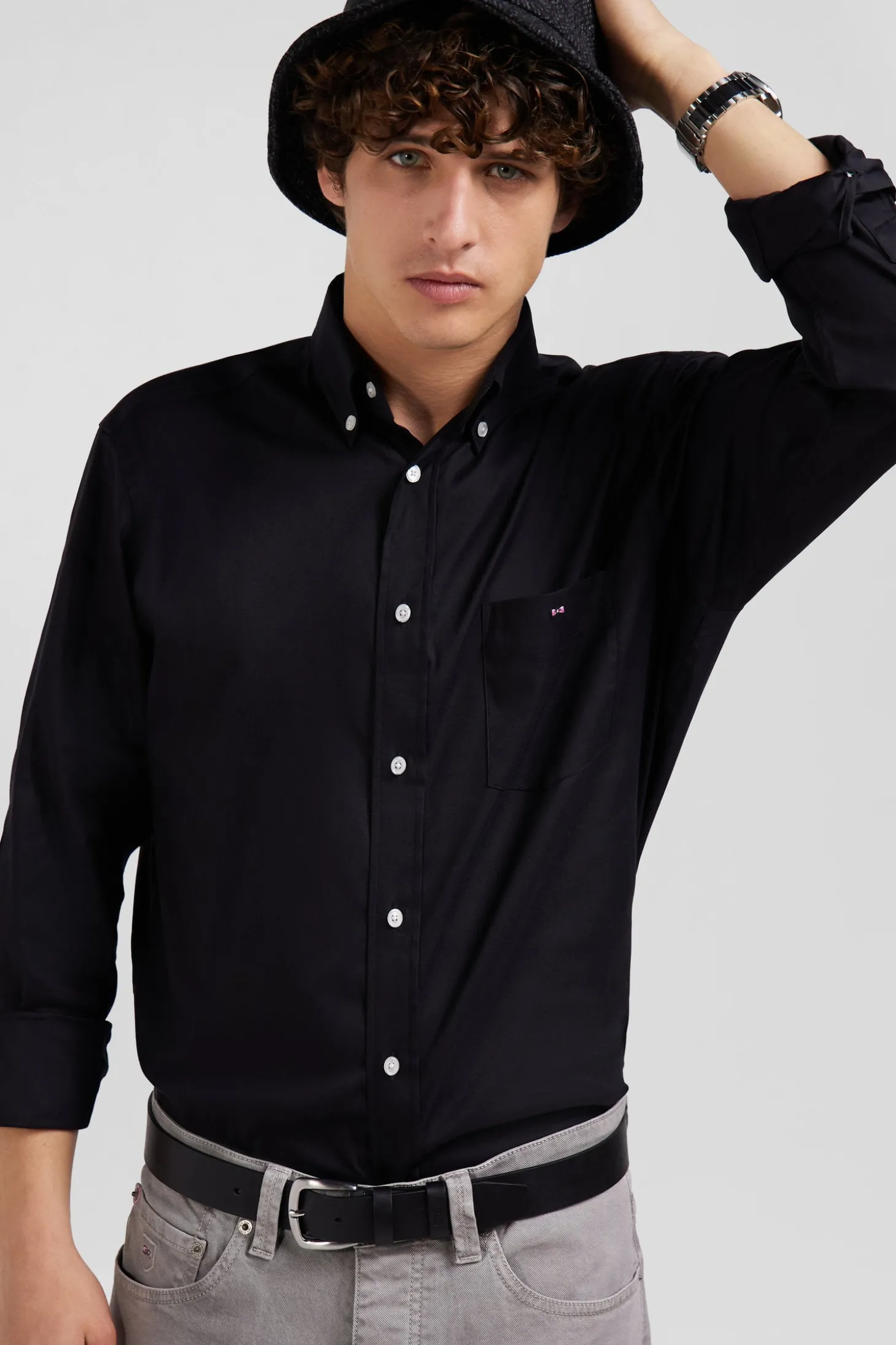 Chemise unie noire en coton stretch mélangé coupe Regular