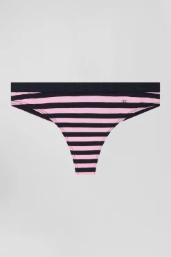 Culotte tanga en jersey coton stretch cerclé bleu marine et rose