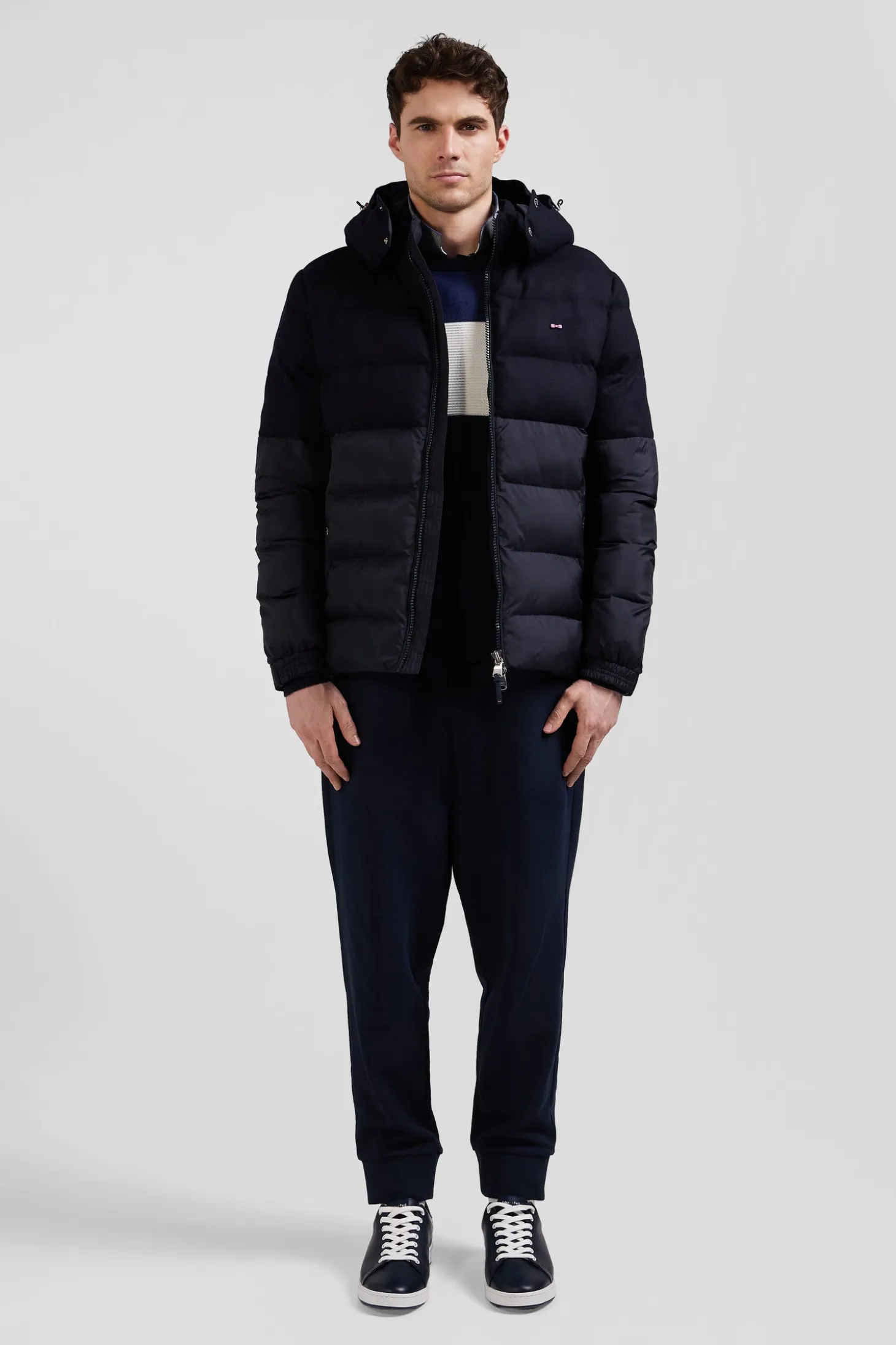 Doudoune bimatière flanelle et nylon bleu marine