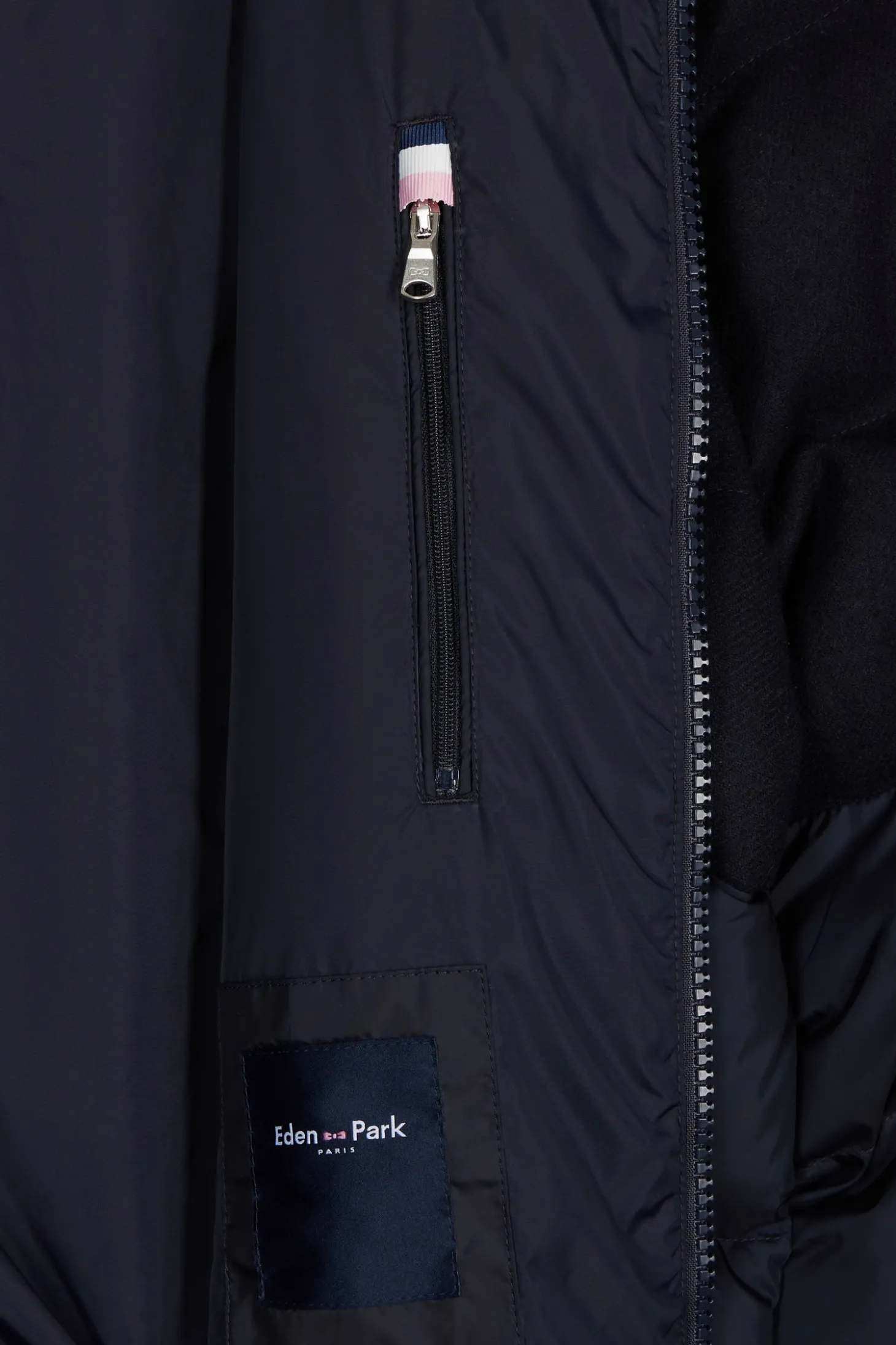 Doudoune bimatière flanelle et nylon bleu marine