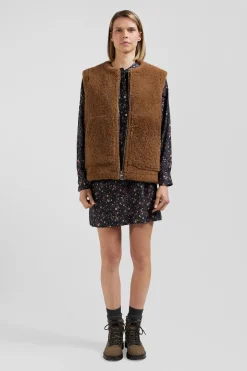 Gilet sans manches zippé en peau retournée camel coupe Relaxed