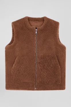 Gilet sans manches zippé en peau retournée camel coupe Relaxed