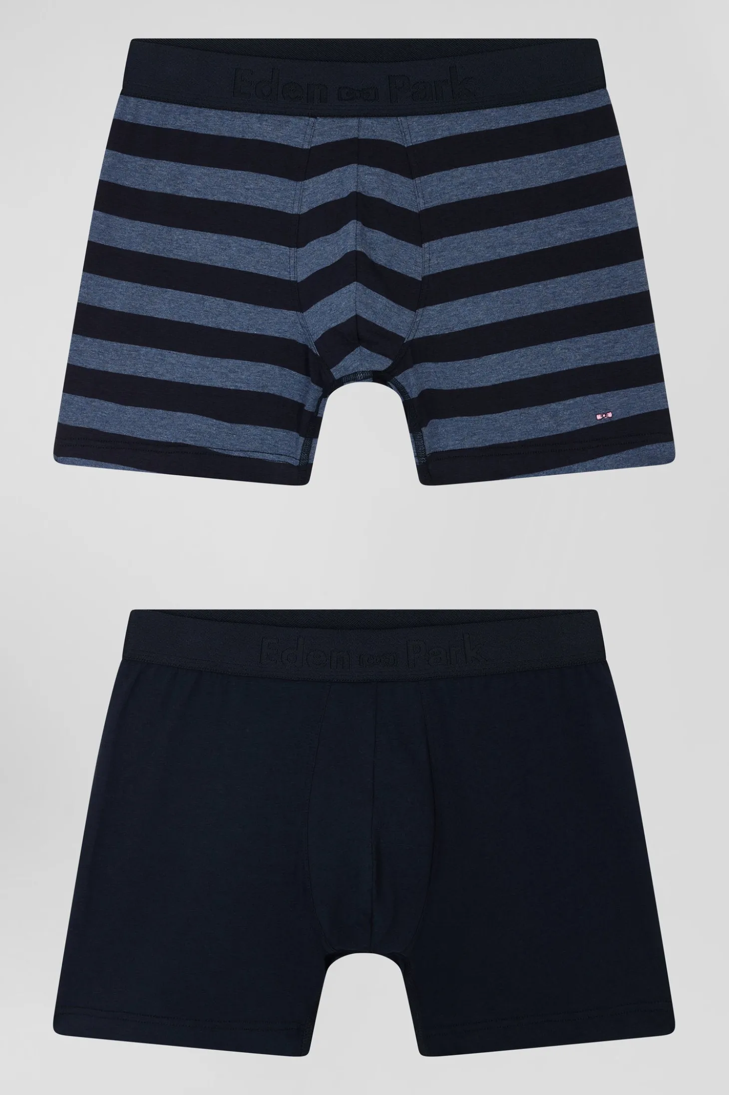 Lot de 2 boxers en coton stretch uni et cerclé bleu foncé
