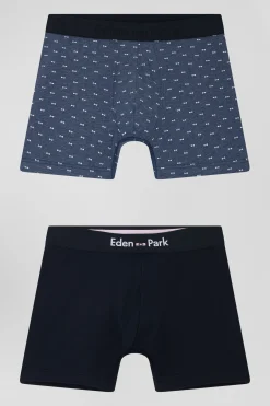 Lot de 2 boxers en coton stretch uni et micro-motifs bleu foncé