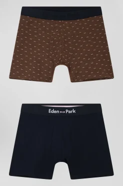 Lot de 2 boxers en coton stretch uni et micro-motifs marron