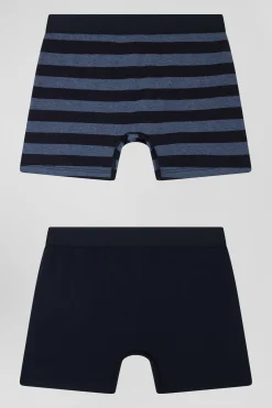 Lot de 2 boxers en coton stretch uni et cerclé bleu foncé