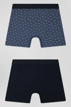 Lot de 2 boxers en coton stretch uni et micro-motifs bleu foncé