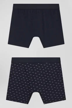Lot de 2 boxers en coton stretch uni et micro-motifs bleu marine