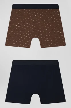 Lot de 2 boxers en coton stretch uni et micro-motifs marron