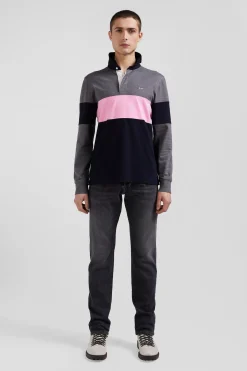 Maillot manches longues colorblock gris en coton broderie dos coupe Regular
