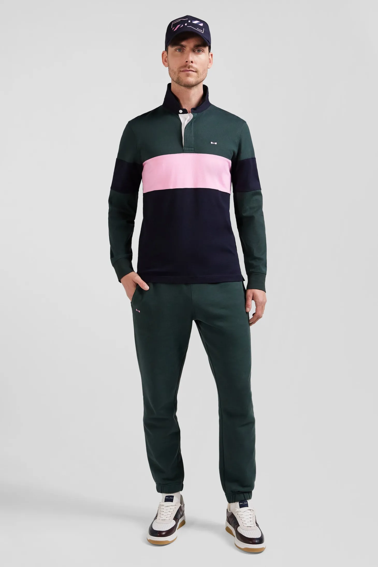 Maillot manches longues colorblock vert en coton broderie dos coupe Regular