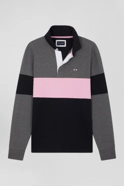 Maillot manches longues colorblock gris en coton broderie dos coupe Regular