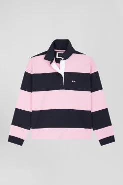 Maillot manches longues cerclé en coton marine et rose coupe Relaxed
