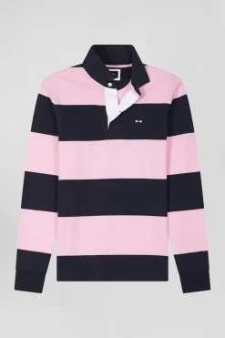 Maillot manches longues cerclé en coton bleu marine et rose coupe Regular
