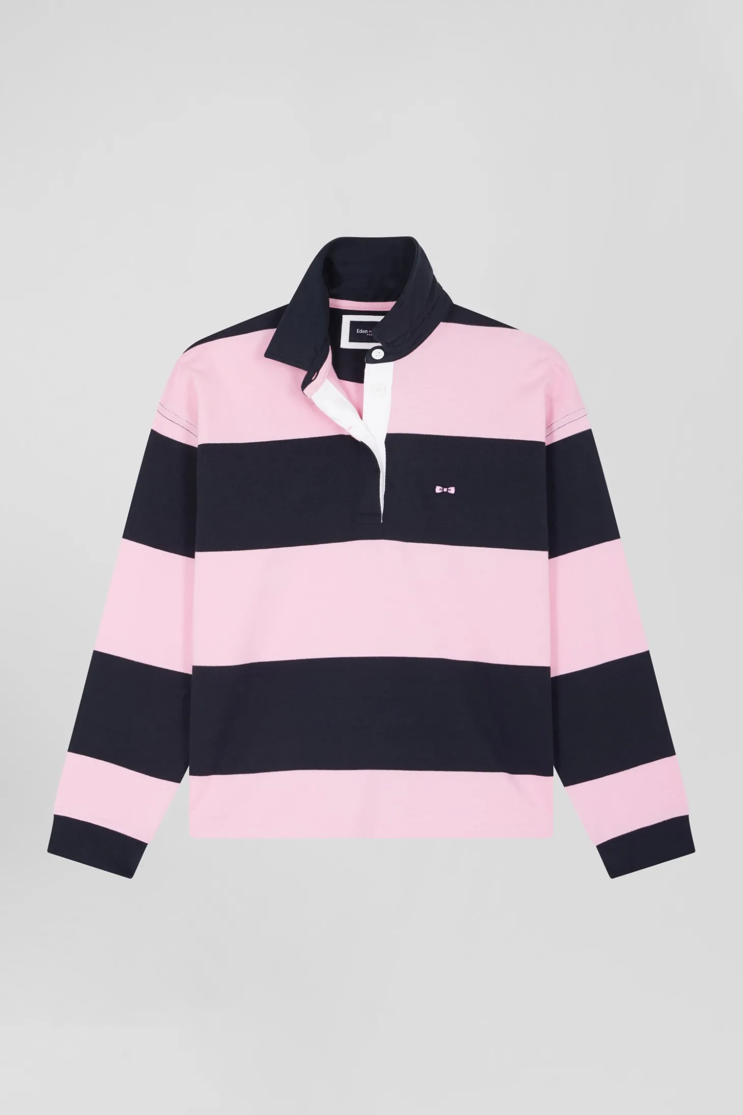Maillot manches longues cerclé en coton marine et rose coupe Relaxed