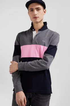 Maillot manches longues colorblock gris en coton broderie dos coupe Regular