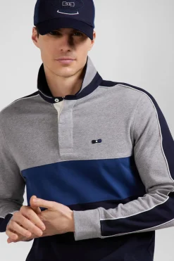 Maillot manches longues colorblock en coton bleu et gris coupe Regular
