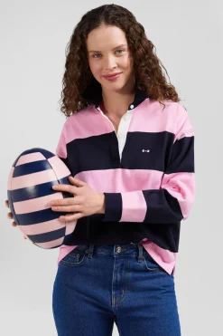 Maillot manches longues cerclé en coton marine et rose coupe Relaxed