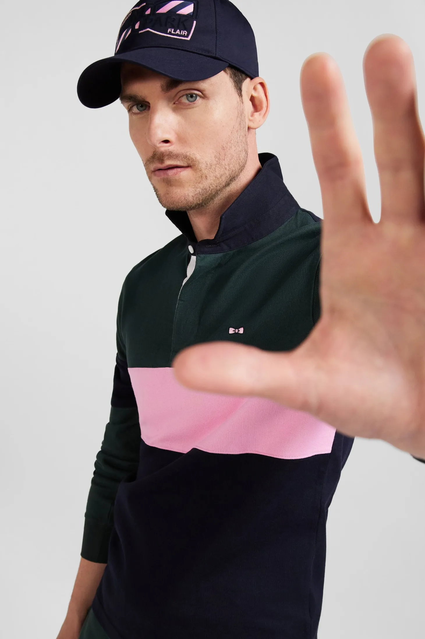Maillot manches longues colorblock vert en coton broderie dos coupe Regular