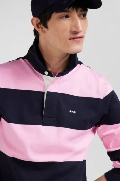 Maillot manches longues cerclé en coton bleu marine et rose coupe Regular
