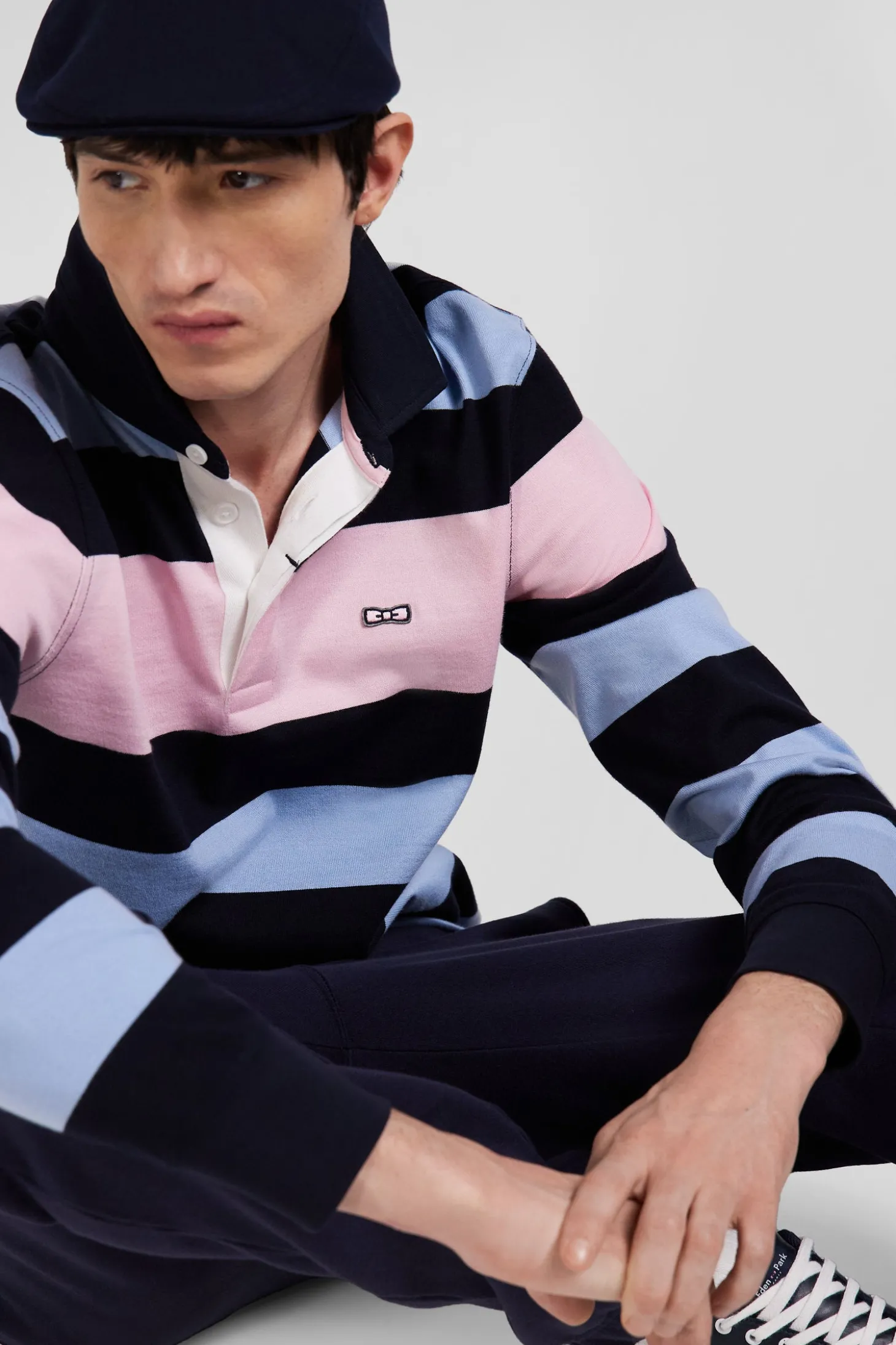 Maillot manches longues cerclé en coton ciel coupe Regular